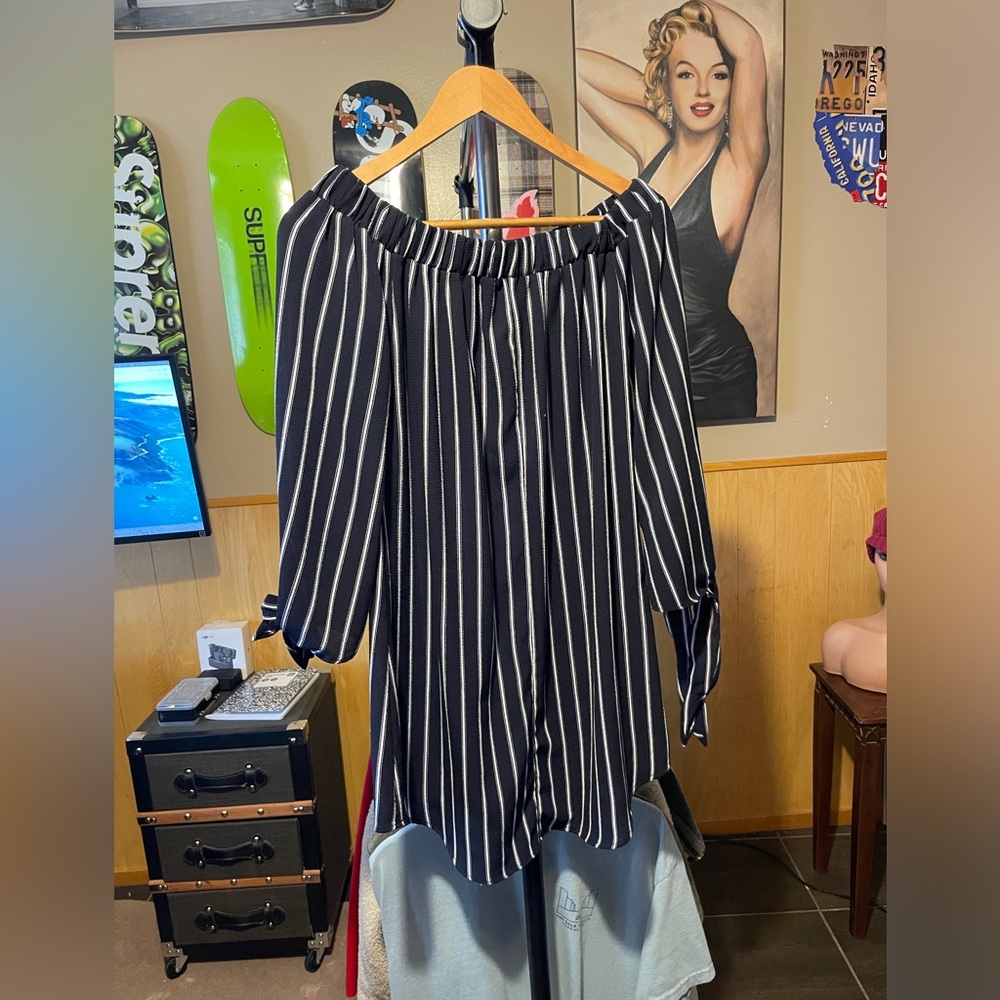 Rhapsody Black White Striped Off The Shoulder Top - Picture 7 of 7